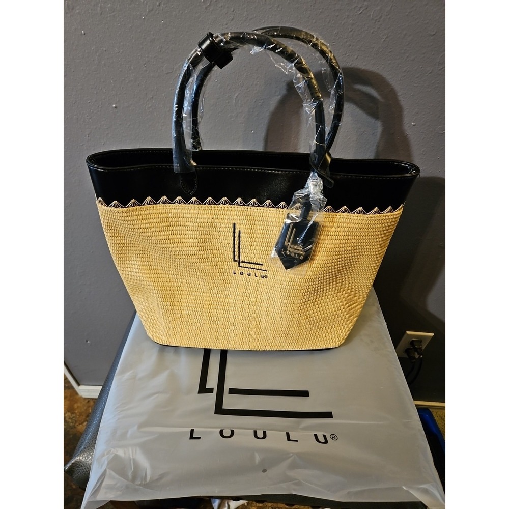 Loulu Straw With Black Leather Tote Bag Hand Bag‎ 12"tall & 16" Wide
